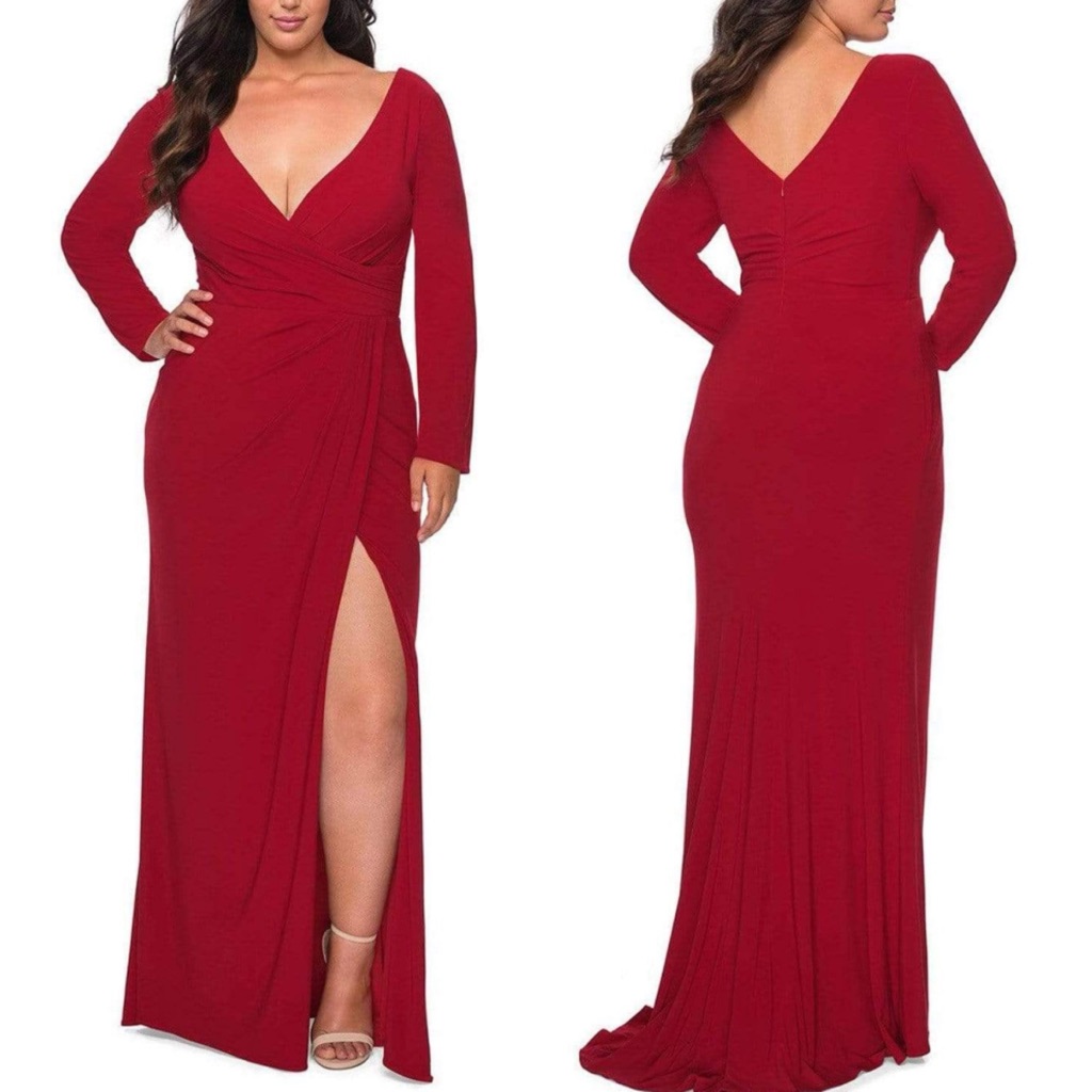 La Femme - 29044 Plunging V-Neck Jersey Sheath Dress Gown Red Size 20 Plus Nee